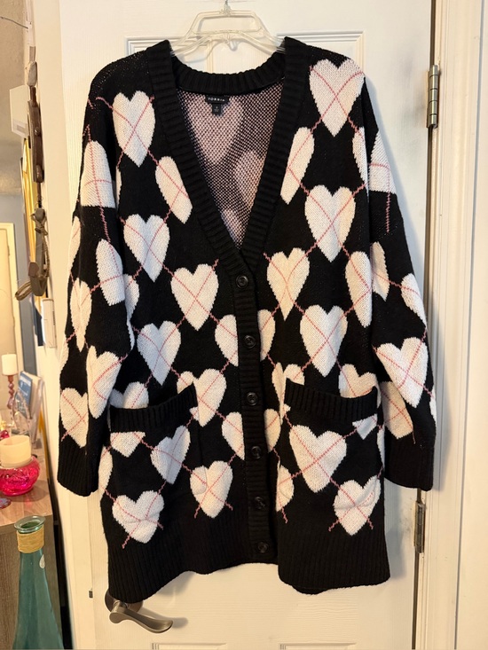 torrid Sweaters - Torrid Black Cardigan with White Heart Pattern and Pink Stitching